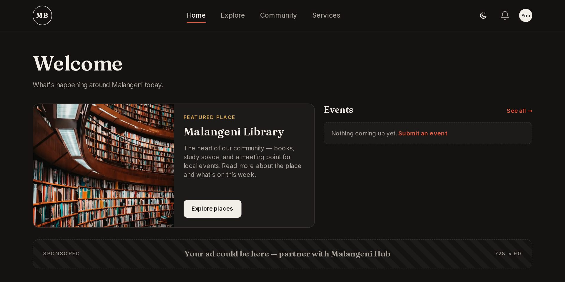 Malangeni Hub home page on a laptop