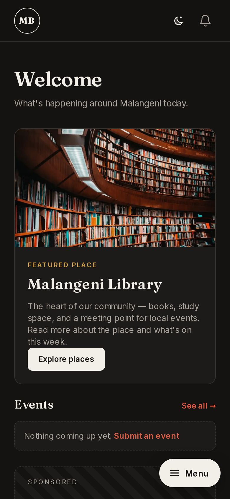 Malangeni Hub home screen on a phone
